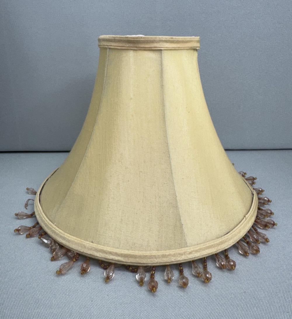 VTG Beaded Bell Lamp Shade 7" Empire Beige Gold Fabric Shabby Chic Lamp READ